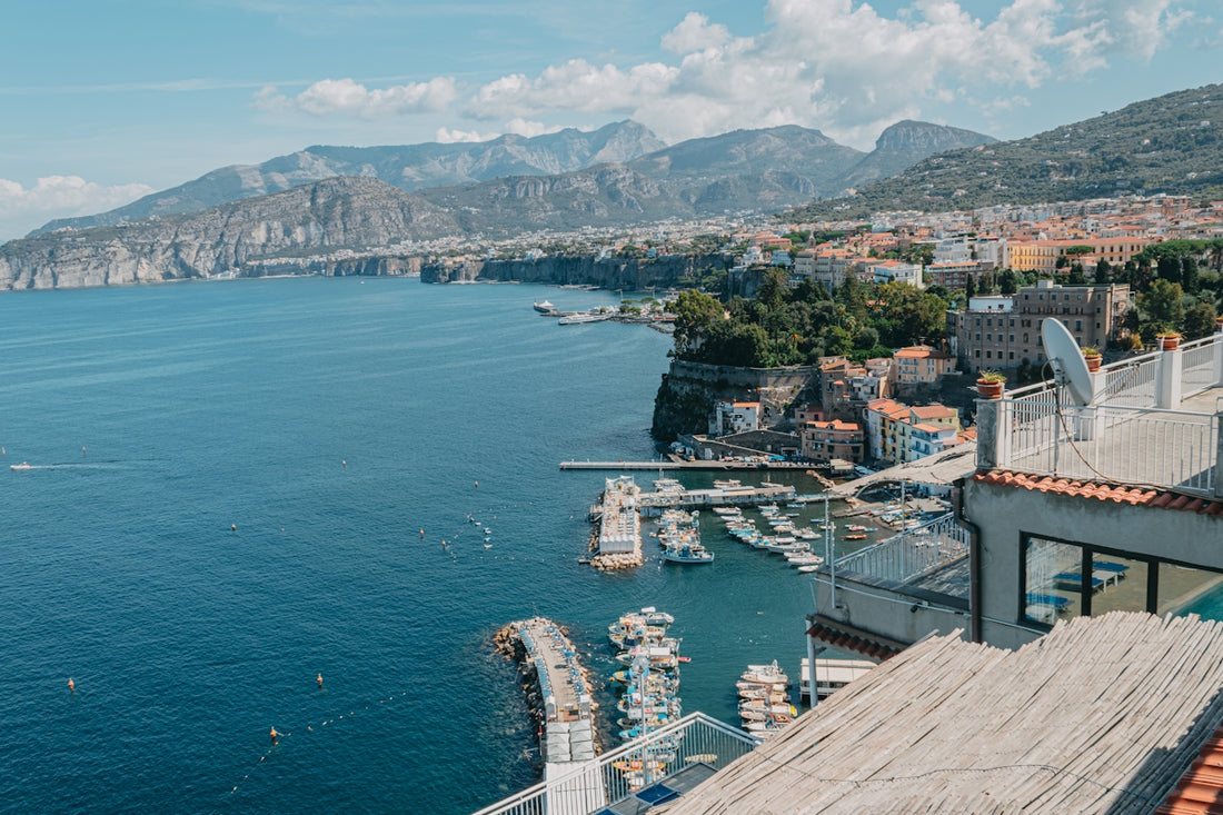a view of a harbor with boats and mountains in the background