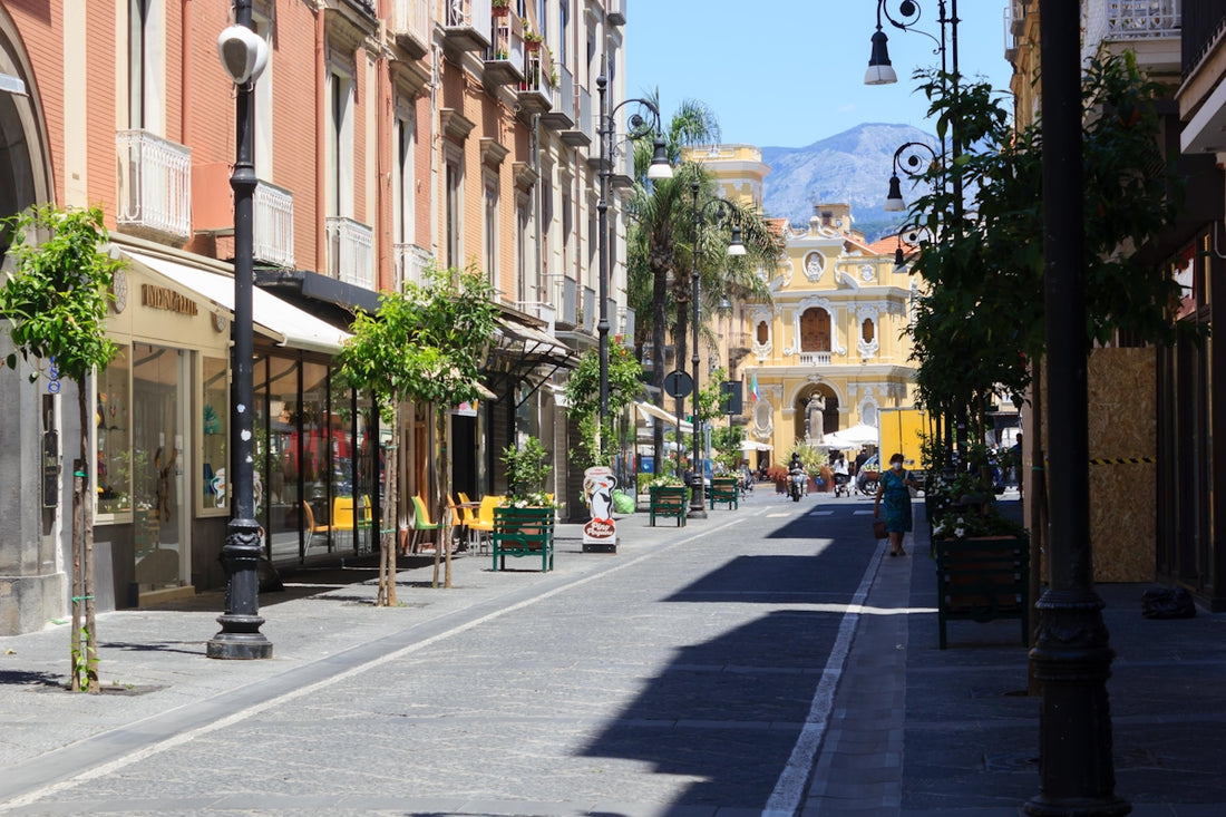 a city street lined with tall buildings and palm trees
