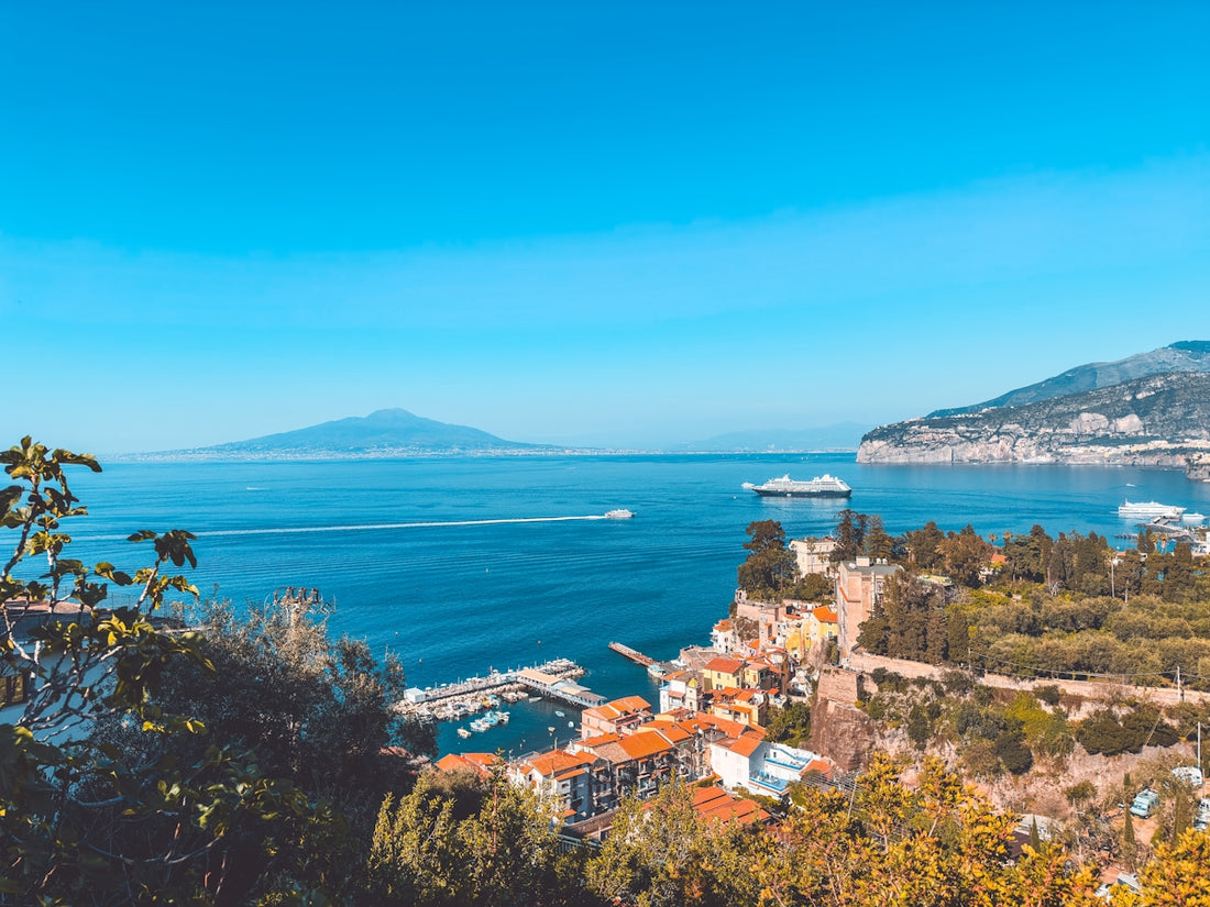 A scenic view of the ocean and mountains