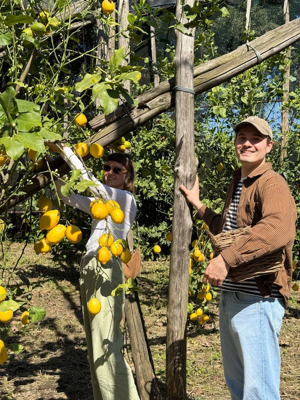 Two participants enjoying a gluten free cooking class, harvesting lemons at a local farm.