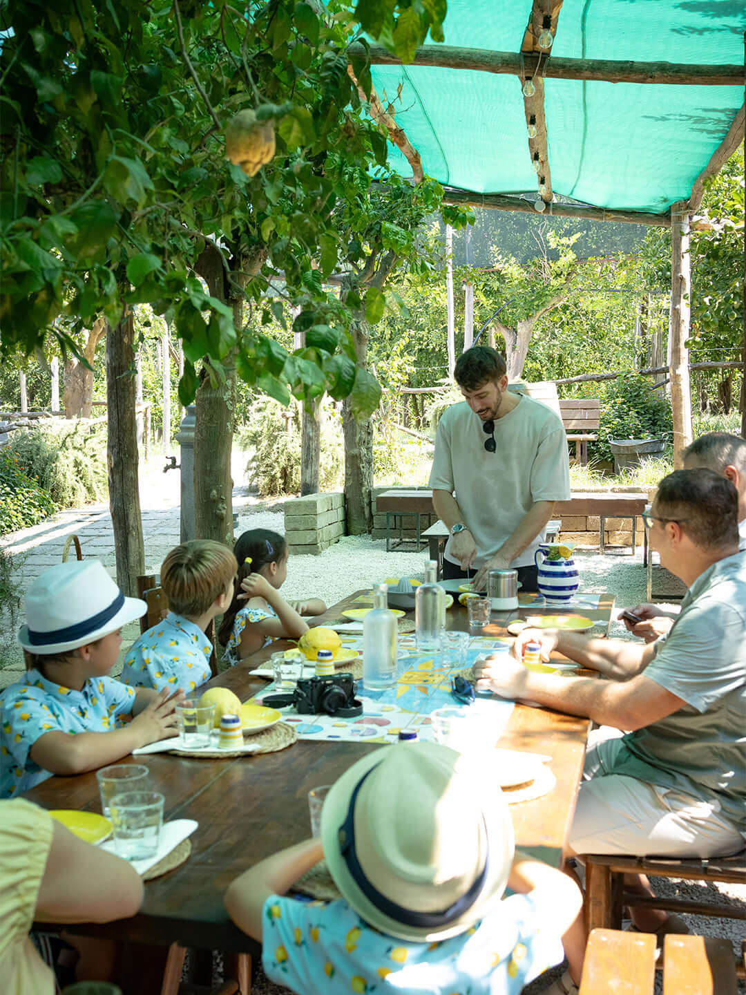 Guests enjoying a lemon grove tour, savoring local delicacies under the shade of lemon trees.