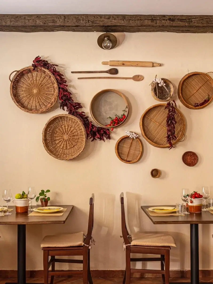 Authentic kitchen decor for the Gluten Free Cooking Class Sorrento featuring woven baskets and rustic elements.